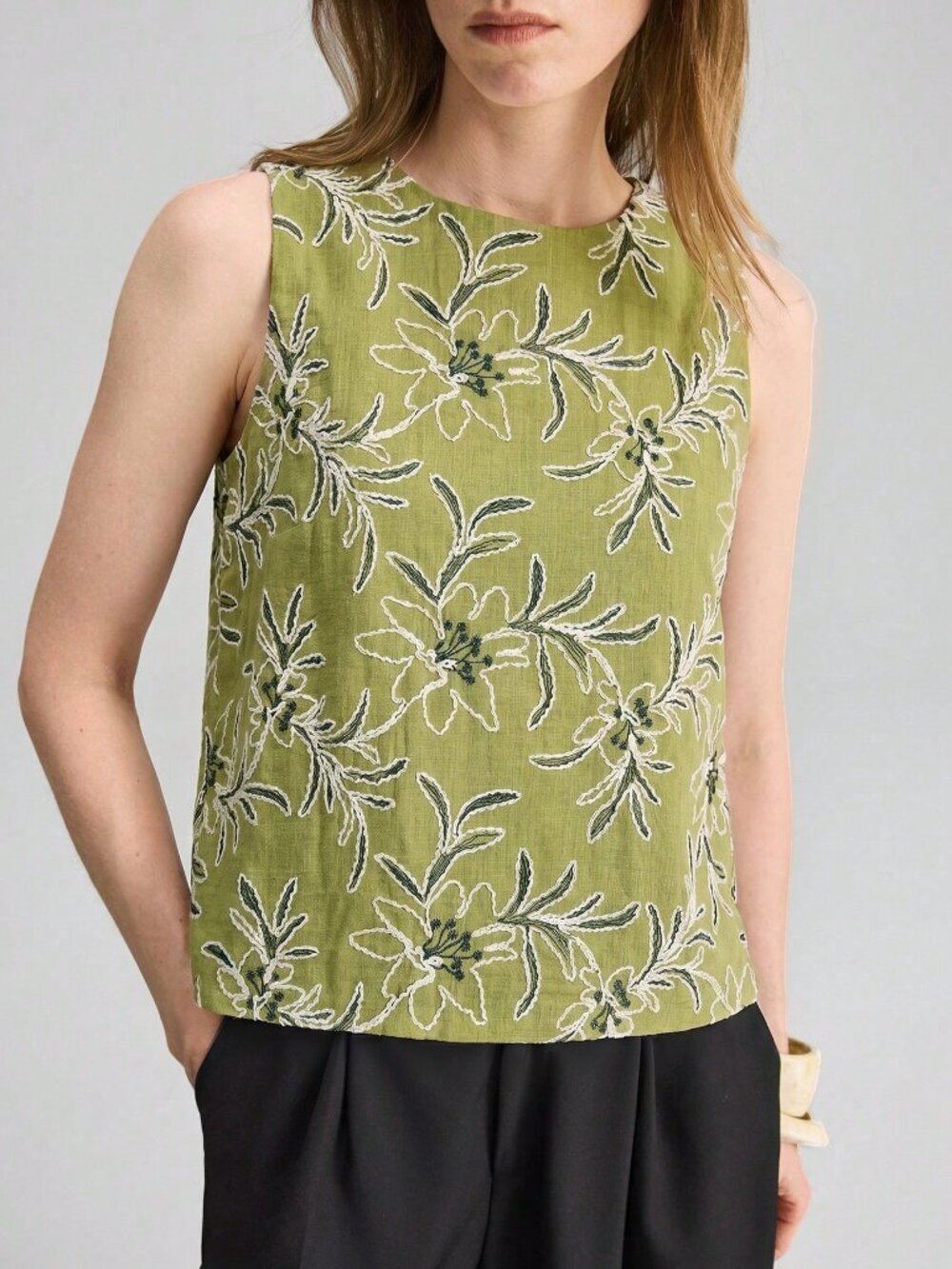 Army Green Boho Women's Elegant Embroidered Tank Top
